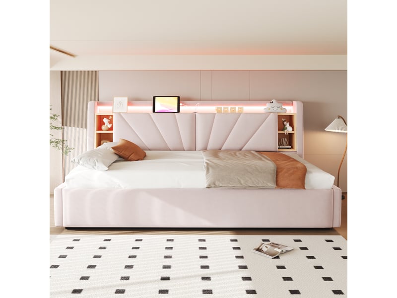 Lit simple 90x200 cm avec rangement hydraulique, tête de lit led avec usb et étagères, lit rembourré en velours avec coffre de rangement - rose - Conforama D
