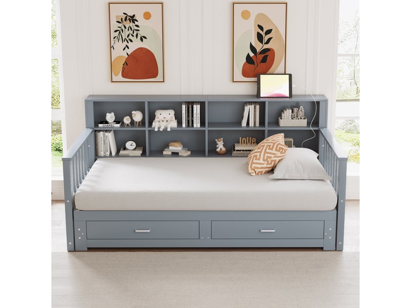  Canapé-lit extensible 90/180x190 cm avec rangements, prise et 2 tiroirs, pin gris, sans matelas  - Conforama R