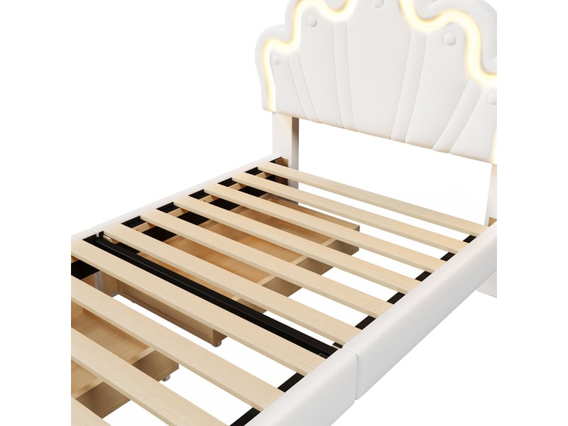 Lit blanc 90x200 cm en pu, tête de lit couronne réglable, 2 tiroirs et éclairage led avec télécommande, sans matelas - Conforama D