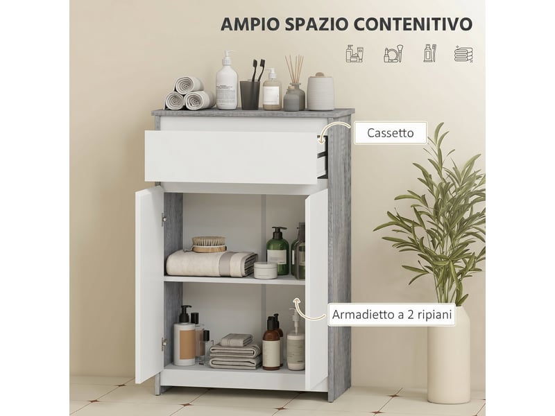 Meuble salle de bain gris et blanc avec tiroir et deux portes, 60 x 30 x 90 cm  - Conforama R
