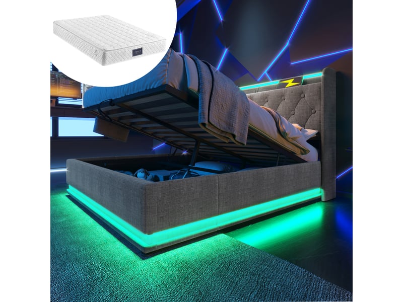  Lit double avec rangement hydraulique et matelas 140 x 200 cm gris en lin avec led et ports usbtype-c  - Conforama C