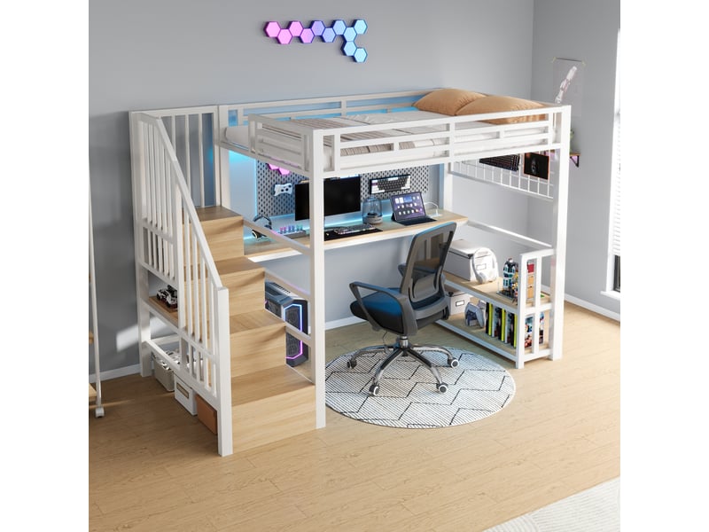 Lit mezzanine enfant 90 x 200 cm avec bureau intégré, rangements, structure en métal et mdf, led réglable par application - Conforama D