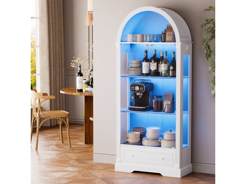  Vitrine 80x35x180 cm en mdf et verre blanc avec led, tiroir et rangement  - Conforama B