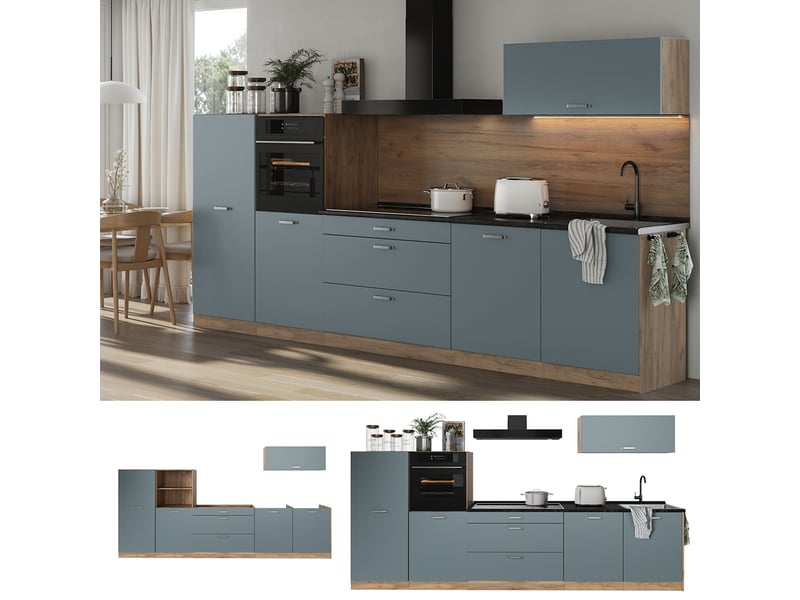 Vicco cuisine, bleu-grischêne doré, 340cm plan de travail marbre - Conforama D