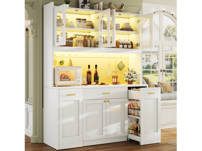 Colonne de cuisine avec vitrines en verre, led rgb et tablettes coulissantes, pour cuisine, mdf blanc, 120 × 40 × 187 cm - Conforama C