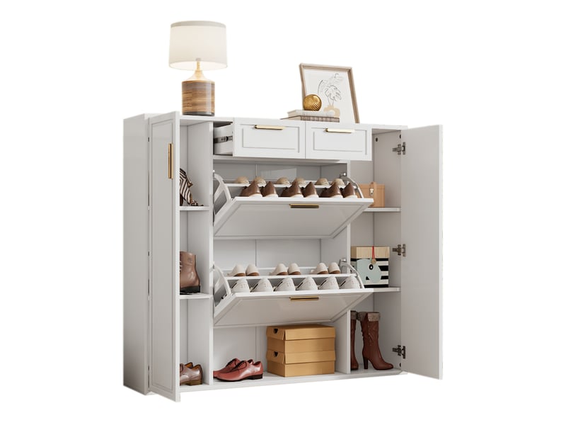  Meuble à chaussures 120x24x107 cm avec rangements réglables, 2 tiroirs, mdf et panneau de particules blanc  - Conforama A