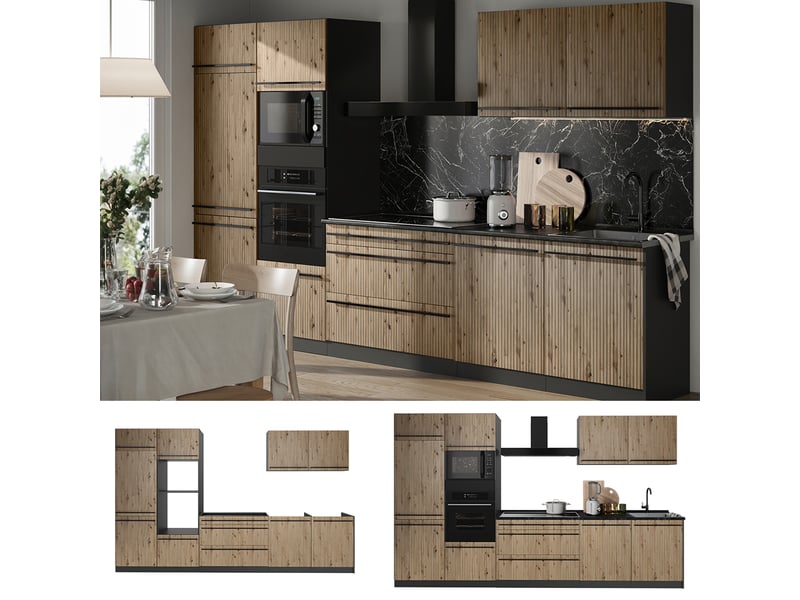 Vicco cuisine, chêne artisananthracite, 340cm plan de travail marbre - Conforama D