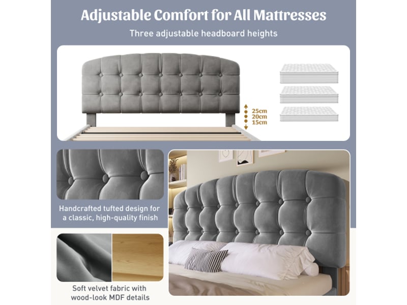  Lit double rembourré 140x190, velours gris, sommier à lattes, tête incurvée réglable, tiroirs, rangement, sans matelas  - Conforama E