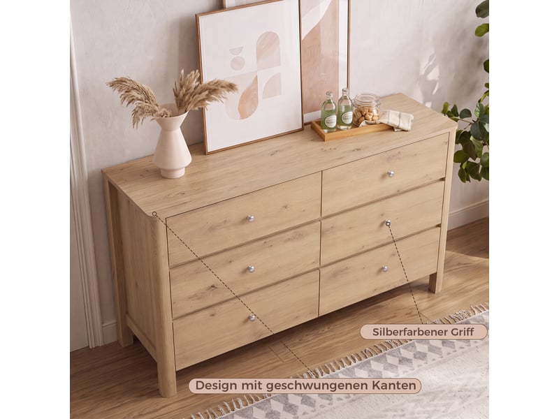  Commode 6 tiroirs - chêne - panneau de particules - poignées en métal argenté - 6 tiroirs spacieux 120x40x80cm - Conforama C