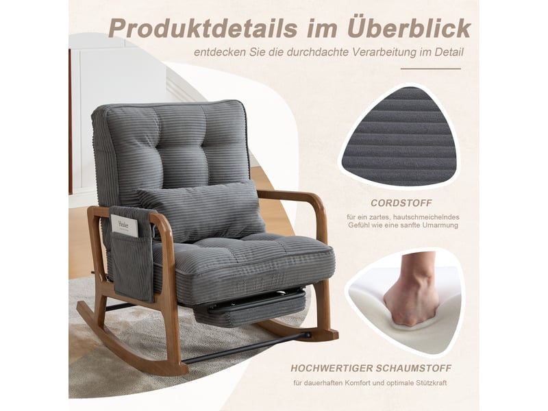  Fauteuil à bascule de salon 70x80x92cm – rocking chair avec repose-pieds rétractable, dossier inclinable et oreiller lombaire – velours côtelé - gris  - Conforama E