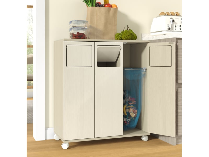  Meuble de tri des déchets modenvie 69,3 x 35 x 80,3 cm mdf bois clair 3 compartiments sur roulettes blanches  - Conforama B