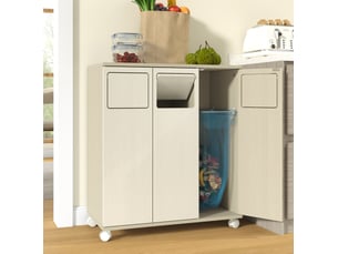 Meuble de tri des déchets modenvie 69,3 x 35 x 80,3 cm mdf bois clair 3 compartiments sur roulettes blanches