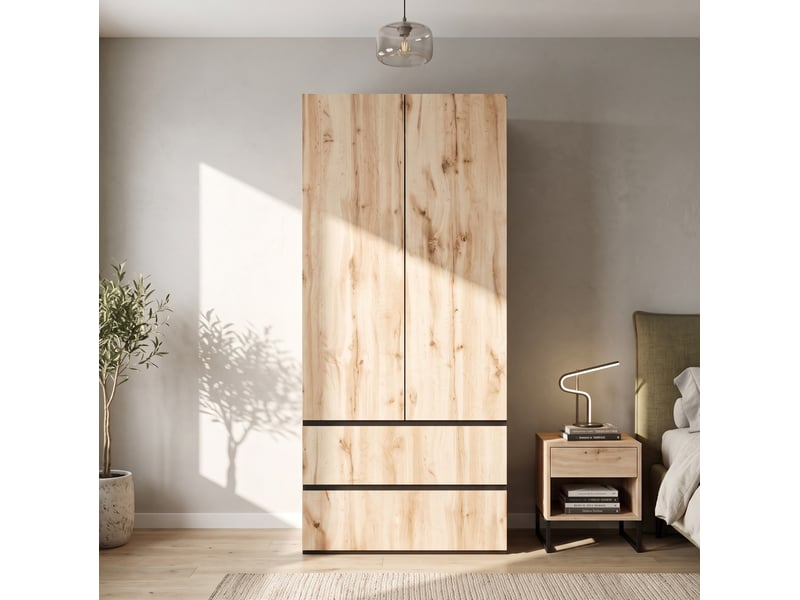  Armoire 2 portes 90 x 50 x 200 cm en mdf et panneau de particules, 2 tiroirs et penderie pour votre intérieur  - Conforama D