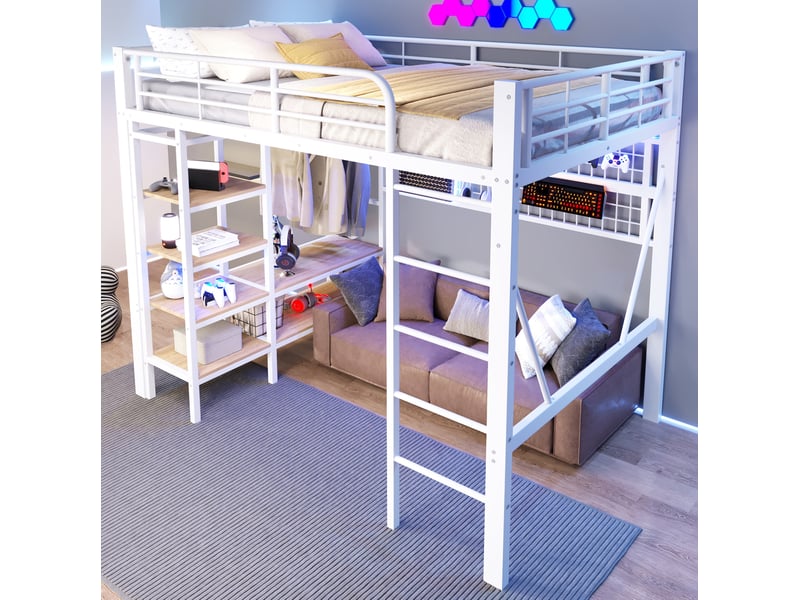 Modenvie lit mezzanine 140x200 cm - avec éclairage led, rangement intégré, sans matelas - blanc - Conforama B