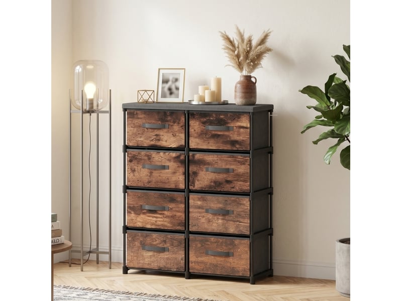  Commode à 8 tiroirs en tissu, cadre métal, 84,5 x 30,5 x 100 cm, marron rustique  - Conforama D