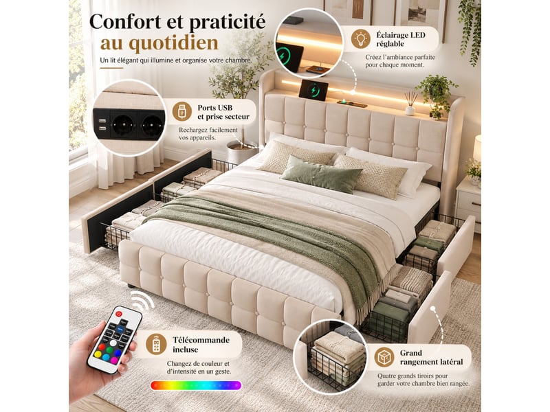  Lit double rembourré 160 x 200 cm, tête de lit led, 2 usb + 2 prises, 4 tiroirs, sommier à lattes, matelas h3 inclus, beige  - Conforama B