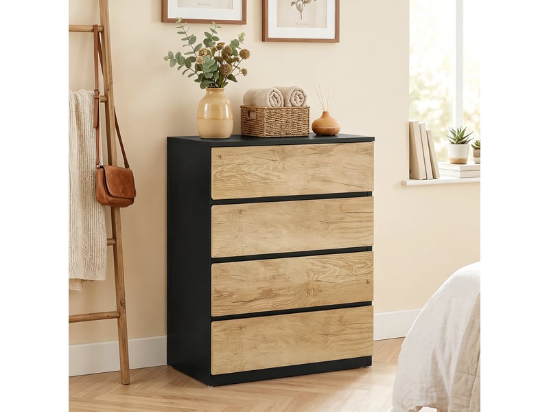  Commode à 4 tiroirs pour chambre, idéale pour le salon, la salle à manger et le couloir, coloris noir et chêne.  - Conforama D