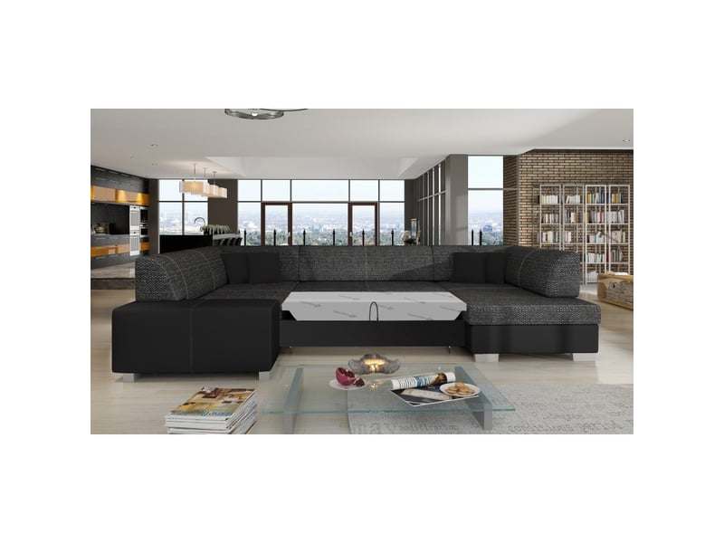  Canapé panoramique en u gris foncé &amp; noir convertible 6 places havane avec 4 coussins  - Conforama D