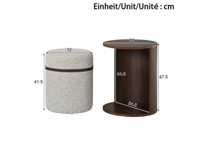 Table et tabouret en mdf et pin, lot de 2 pièces, format rond 38×38×47,5 cm, assise rembourrée et rangement compact - Conforama C