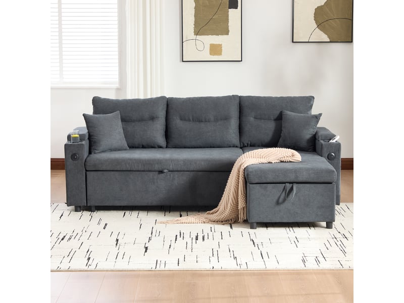  Canapé convertible moderne 3 places avec rangement hydraulique et port usb-c, lin, 212,5 x 136 x 86 cm - gris foncé  - Conforama C
