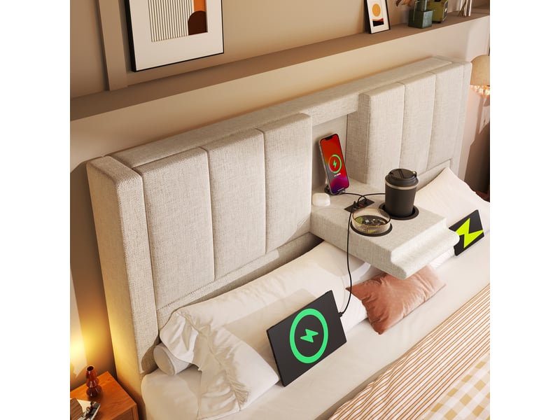  Lit coffre 140 × 200 cm 2 places avec usb, type-c, porte-gobelets et matelas inclus, en lin beige  - Conforama C