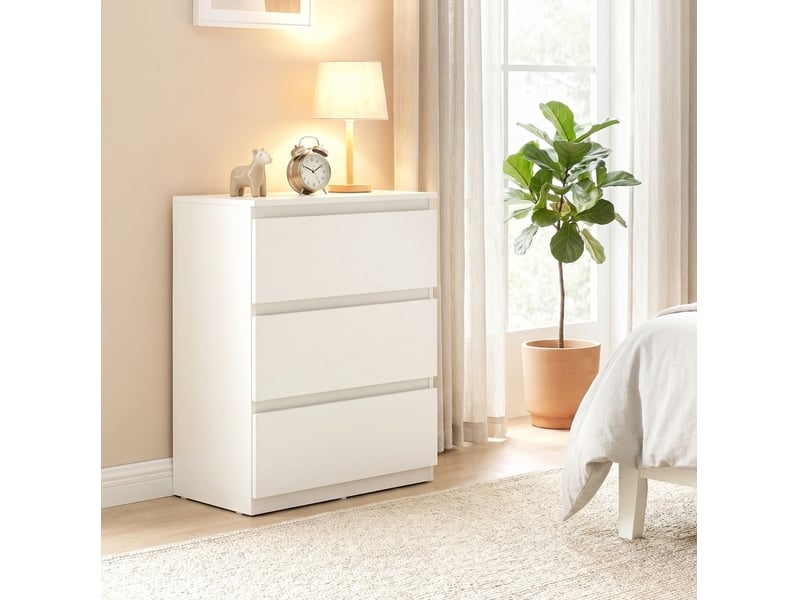  Commode blanche à 3 tiroirs sans poignées, 55 x 34 x 75 cm, finition mélaminée  - Conforama B