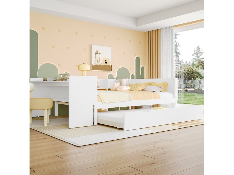  Lit gigogne 140x200 cm avec bureau, lit gigogne et rangements bois et panneau de particules blanc sans matelas  - Conforama D