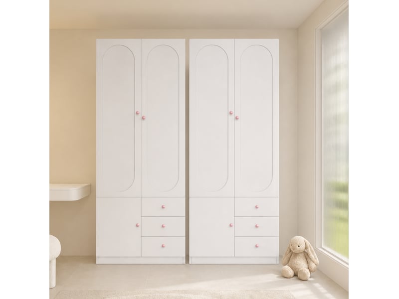 Armoire 2 portes 160 x 50 x 200 cm – blanche – ensemble 2 éléments, 3 tiroirs, penderie, poignées roses - Conforama E