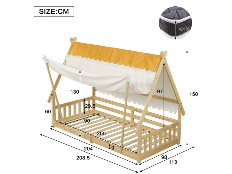  Lit cabane 90x200 cm, lit enfant avec tente amovible, barrière de sécurité, en bois, naturel, sans matelas  - Conforama C