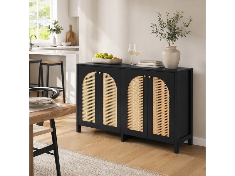 Buffet bas 4 portes noir en mdf, aggloméré et rotin synthétique, style moderne - Conforama D
