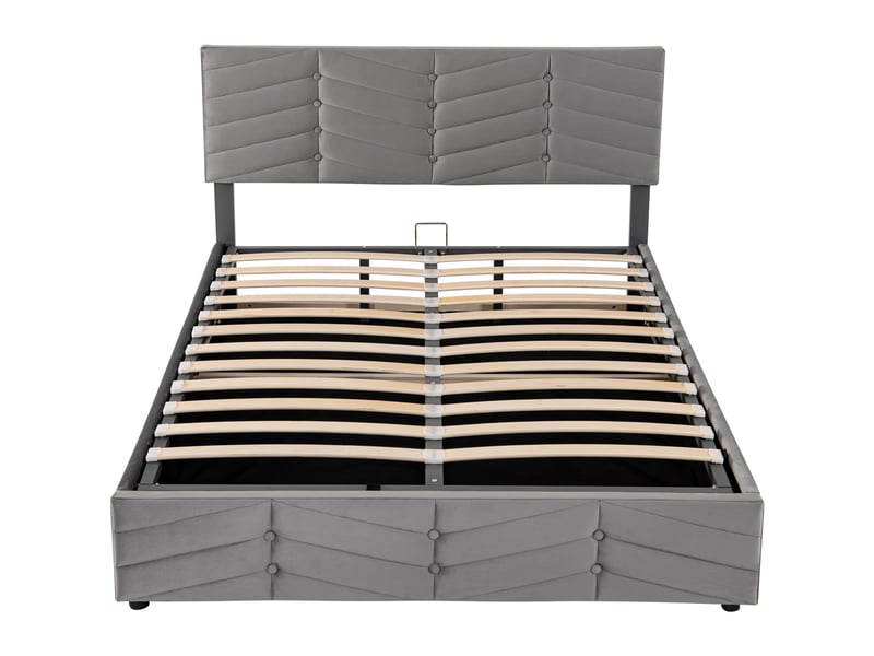  Lit capitonné, lit double, sommier réglable hydrauliquement, velours, rayures, style continental, tête de lit réglable en hauteur, 140 x 200 cm, gris  - Conforama E