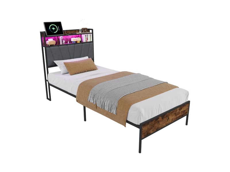  Lit simple 90 x 200 cm avec éclairage led, port usb et tête de lit, gris  - Conforama A