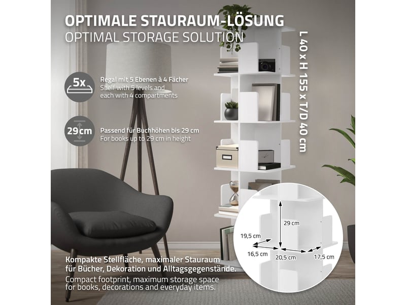 Ml-design bibliothèque tournante enfant 5 niveaux 20 compartiments blanc mat 40x155x40 cm étagère pivotante 360 degrés rangement livres et jouets pour salon bureau chambre bébé stable gain de place  - Conforama B