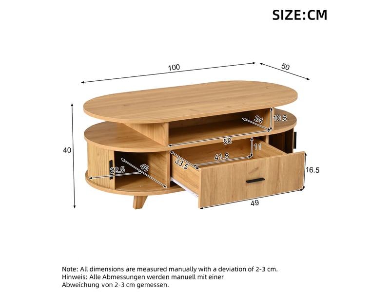  Table basse ovale avec tiroir, table salon en mdf effet bois naturel, 100x50x40 cm  - Conforama C