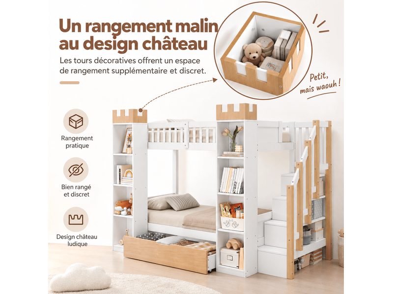 Lit superposé enfant 90x200 cm – blanc et bois naturel – escalier de rangement, tiroir et étagères – sans matelas - Conforama E