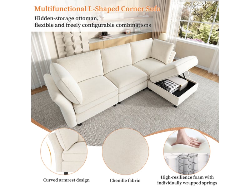  Canapé d'angle modulable 4 places en tissu chenille beige  - Conforama D