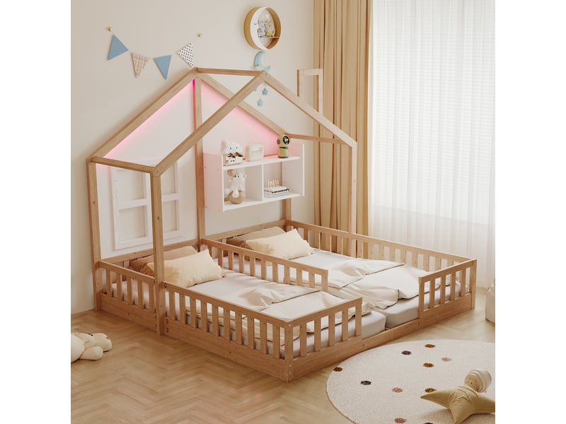  Lit cabane double enfant 90 x 200 cm x2, lit maison en bois naturel avec fenêtres, cheminée, led, étagère, barrières et sommiers à lattes  - Conforama B