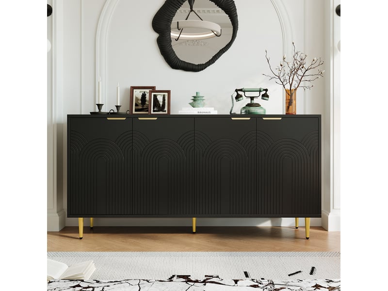  Buffet 4 portes noir 160 x 40 x 80 cm avec poignées dorées  - Conforama D