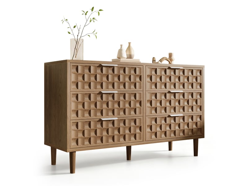 Commode à  6 tiroirs décor chêne 120 x 37 x 77 cm, motif gaufre chocolat, poignées en métal  - Conforama A
