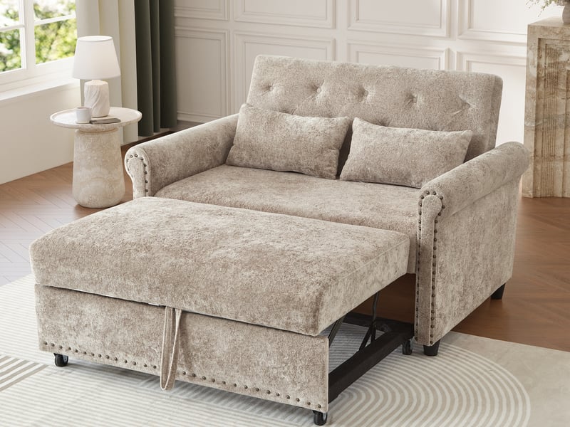 Canapé droit 3-en-1 convertible, 2 places avec dossier réglable sur 3 positions, 2 coussins, 120x80x82cm, marron chenille - Conforama B