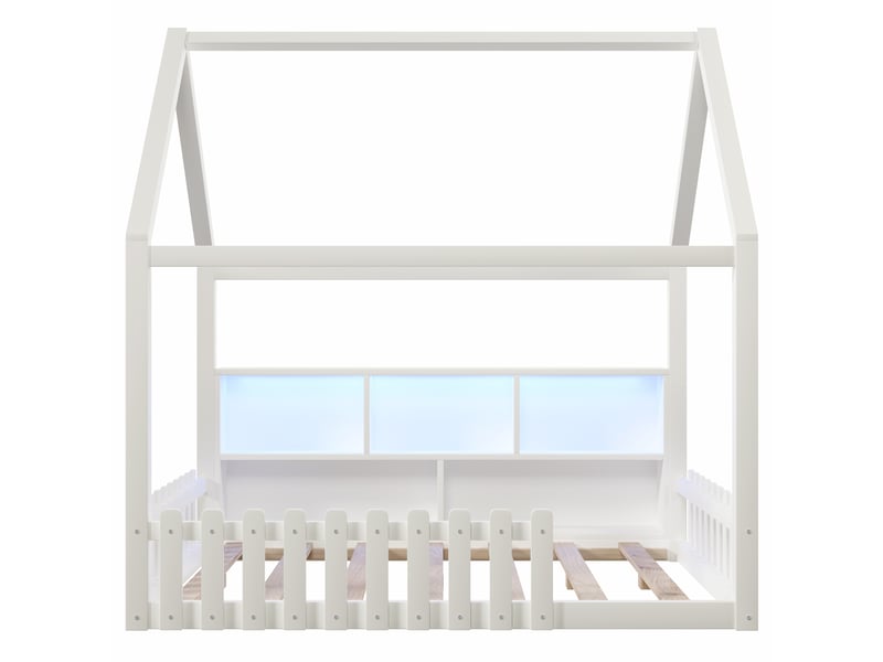 Lit enfant au sol blanc 140x190 cm maison en pin, barrières, led et rangements - Conforama A