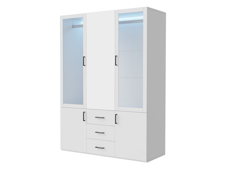  Armoire avec éclairage led et miroir, 4 portes et 3 tiroirs, 130x52x182 cm, design moderne, blanc  - Conforama A