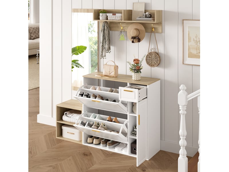  Meubles d'entrée avec meuble à chaussures, banc, panneau mural et miroir, rangement, blanc naturel, 139,5 × 35 × 166 cm  - Conforama C