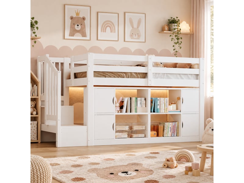  Lit mezzanine 90x200 cm blanc en bois, escalier rangement, bibliothèques, placards et led  - Conforama B