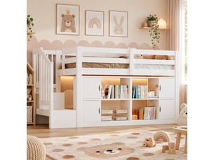 Lit mezzanine 90x200 cm blanc en bois, escalier rangement, bibliothèques, placards et led