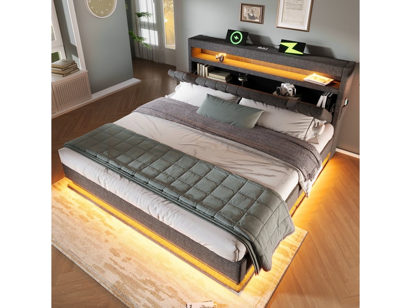 Lit coffre rembourré 140x200 cm avec rangement hydraulique, tête de lit avec rangement, 3 usb et usb-c, led tête et pied, lin - gris - Conforama B