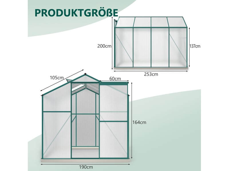 Serre de jardin aluminium 4,75 m² - 190 x 253 cm avec 1 fenêtre de toit & porte coulissante, serre de plantes, serre à tomates - Conforama C