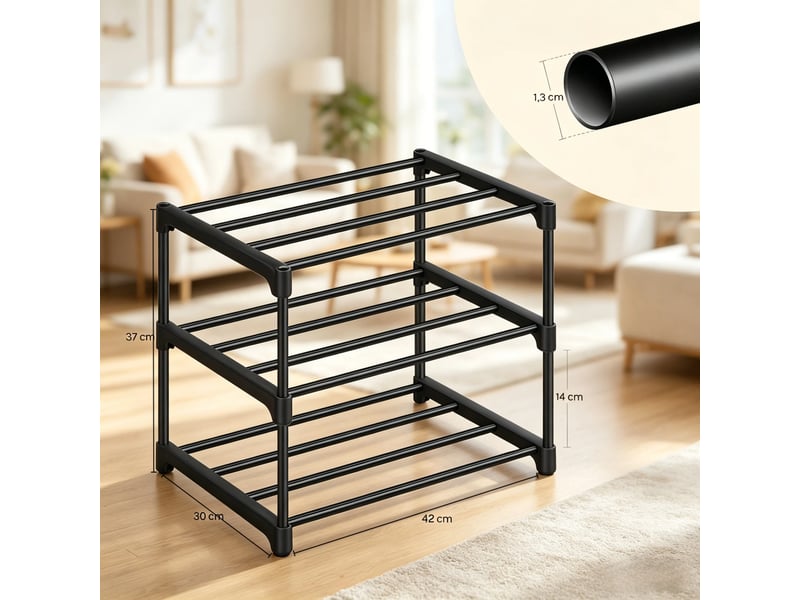  Étagère à chaussures 42x30x37 cm noire en métal, 3 niveaux pour 6 paires et gain de place  - Conforama C