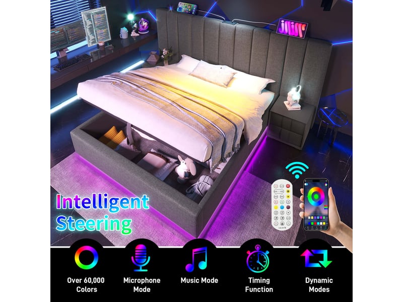  Lit coffre en lin 160×200 cm lit double adulte rembourré gris avec rangement,usb‑c, sommier tapissier led,lattes en bois,app  - Conforama D
