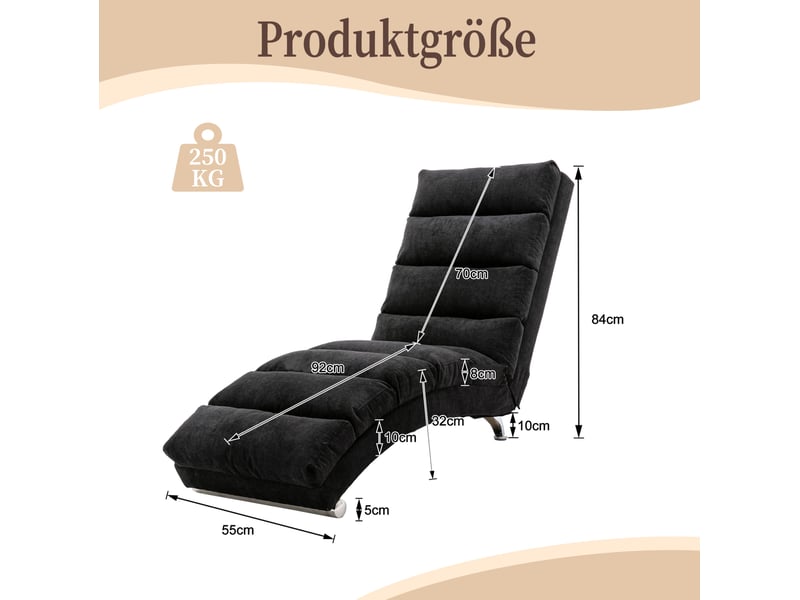  Fauteuil relax fixe vibrant 148x55x84 cm, dossier 140°, soutien complet, poches latérales, mousse, lin noir  - Conforama C